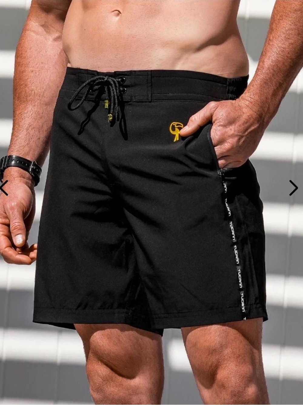 NWT Tucann Men’s Black Swim Trunks Board Shorts Gold Logo Size Large TAGS